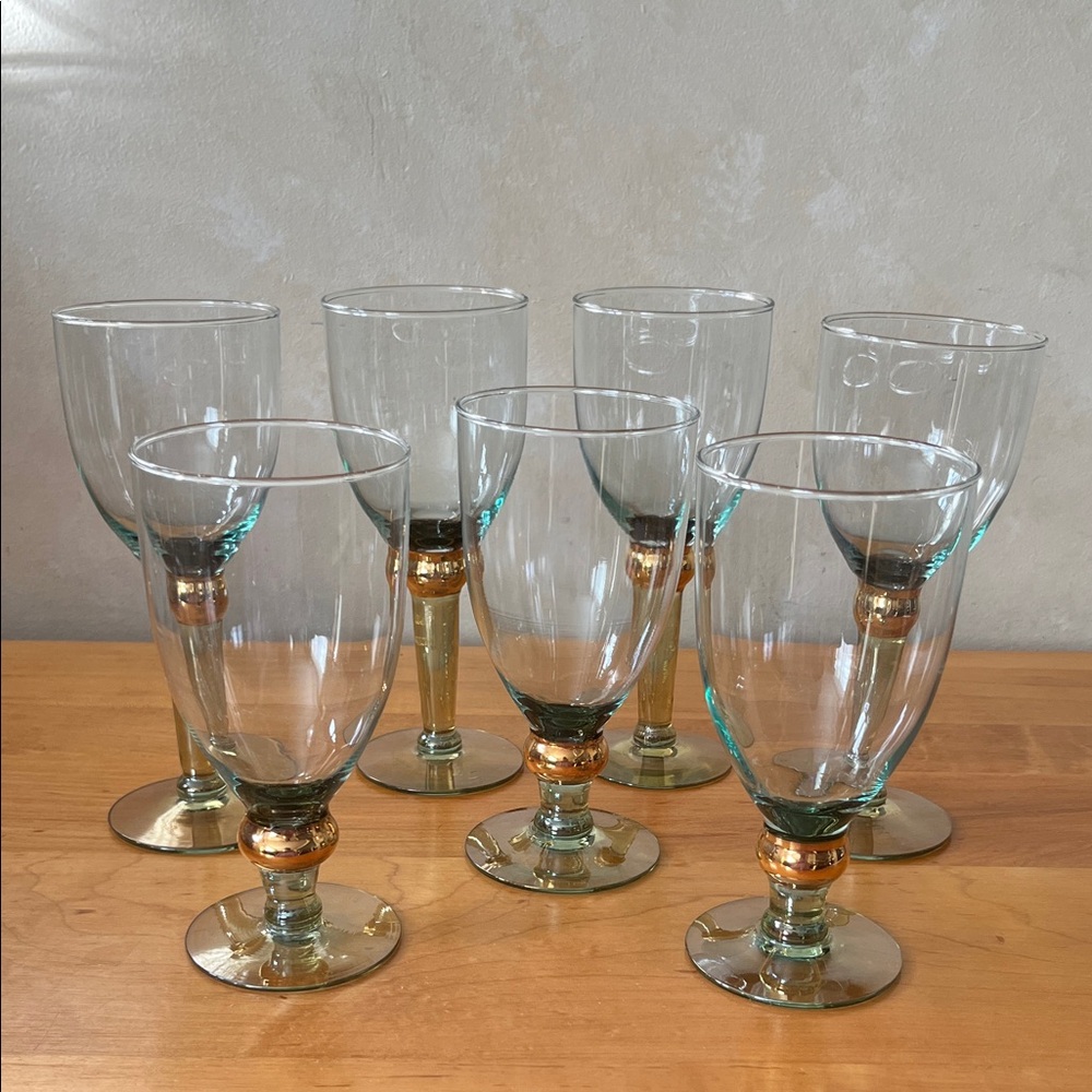 Elegant Glass Goblet and Wine Glass Set with Gold Bubble Accents Hand Blown
